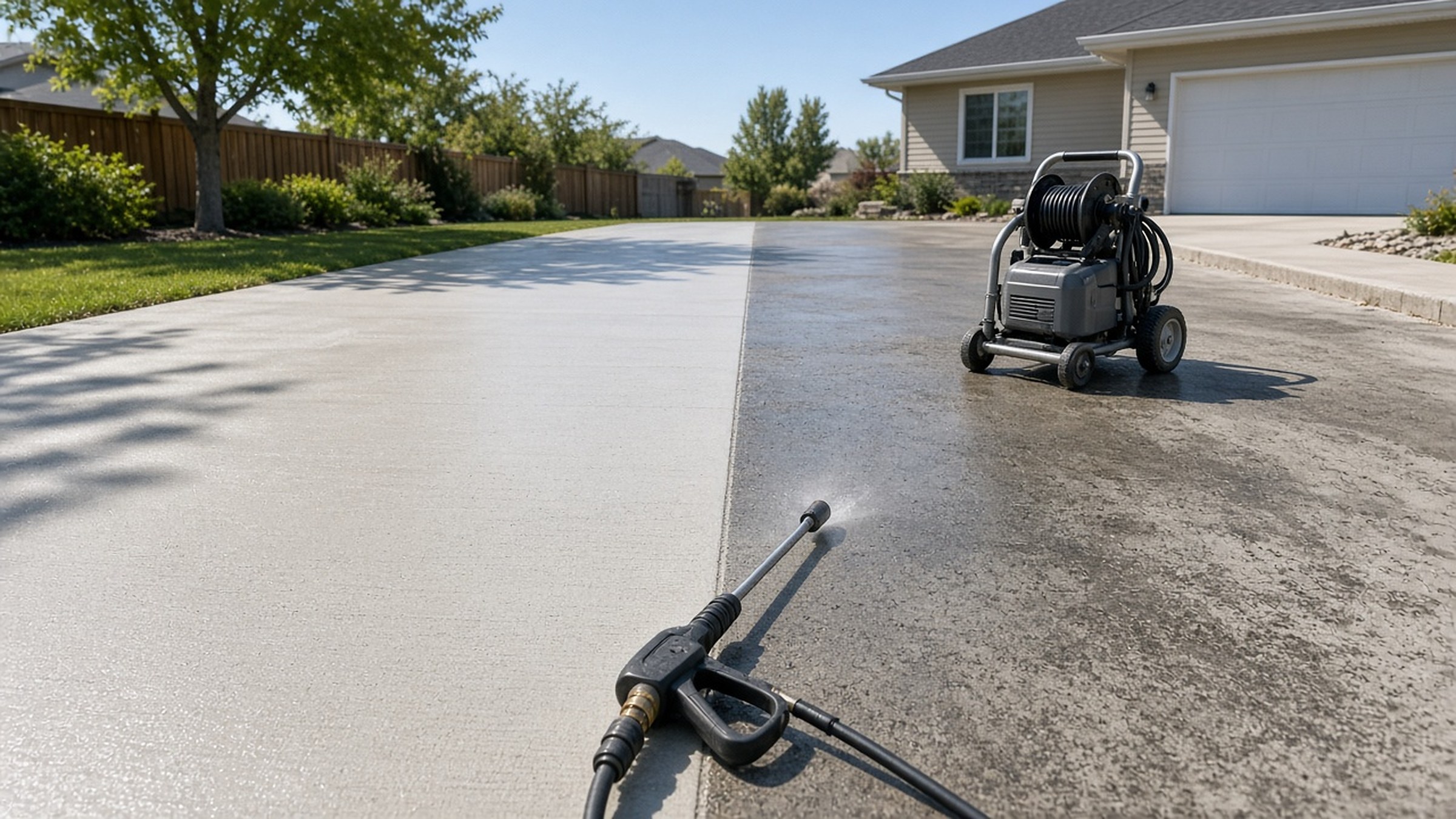 Pressure washing a concrete driveway