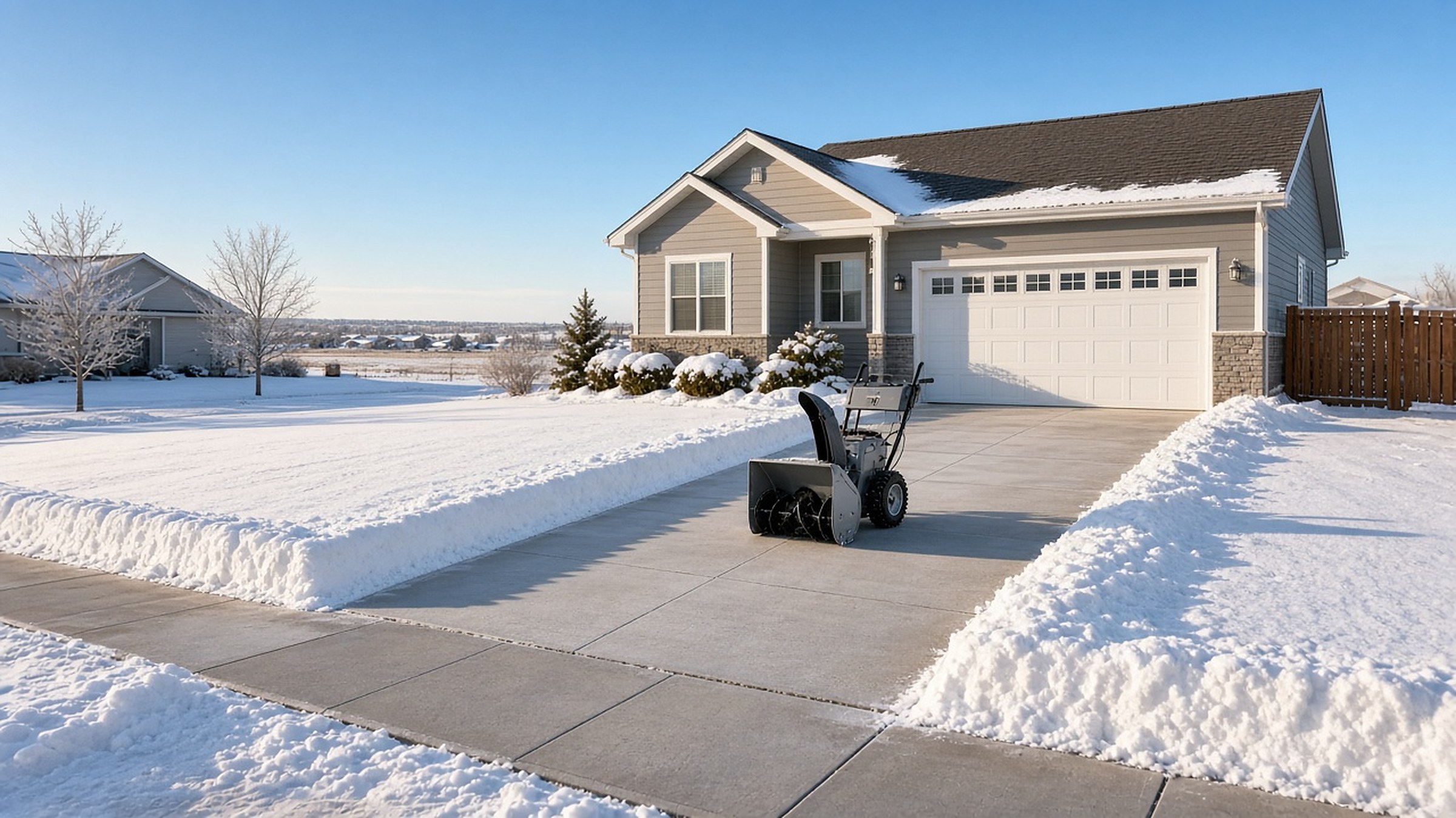 Cleared residential driveway and city sidewalk in winter