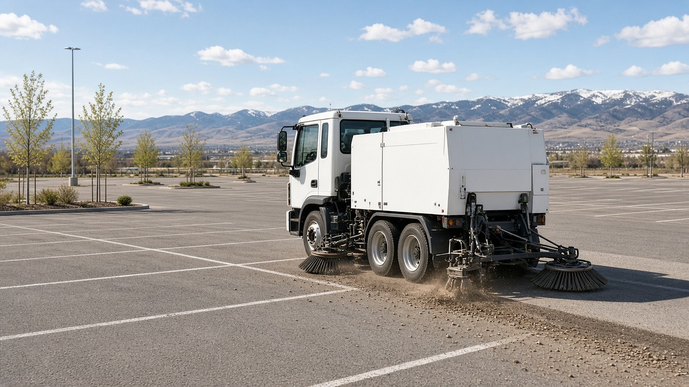 Sweeper truck cleaning a commercial parking lot