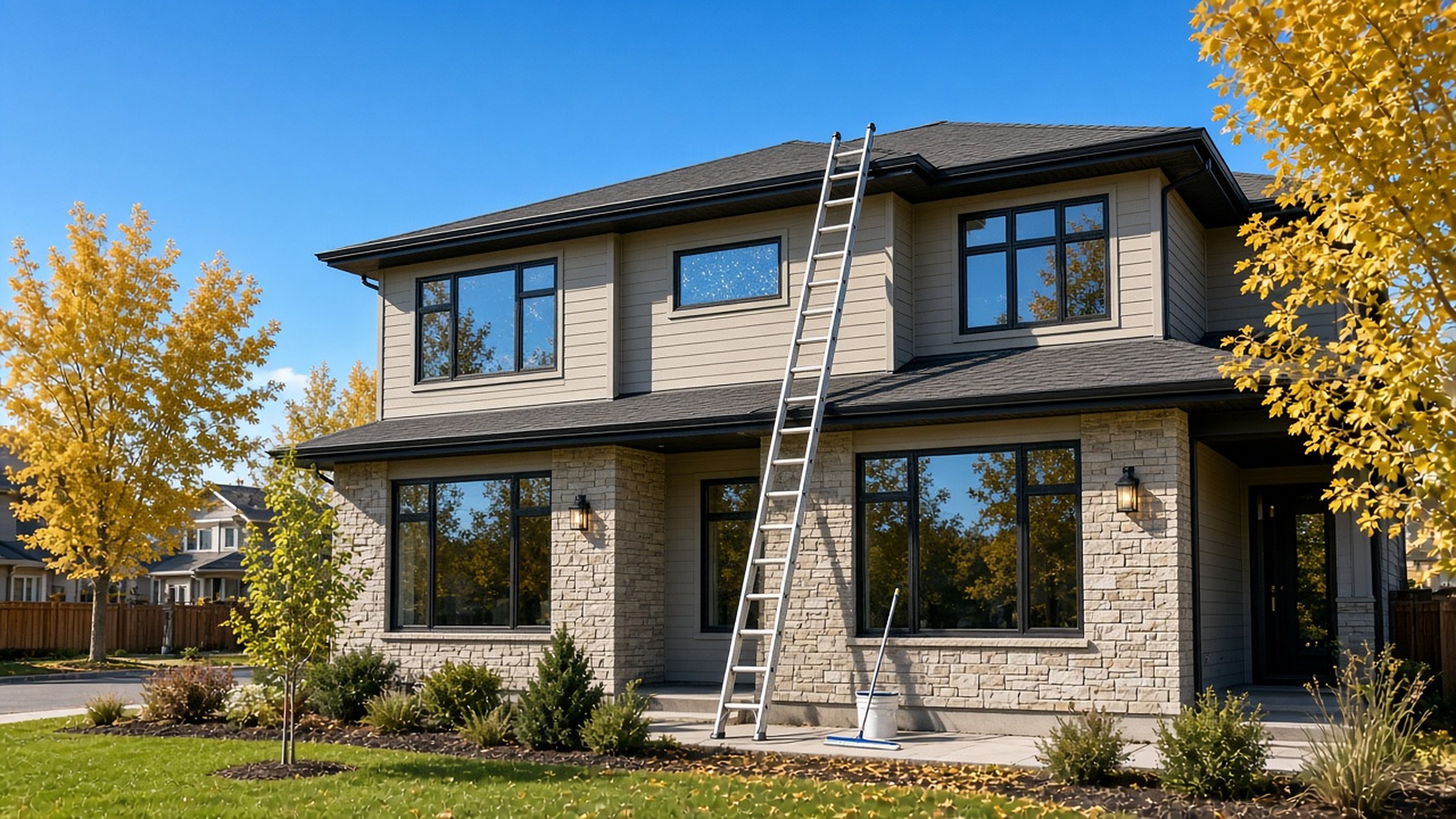 Worker cleaning gutters on a two-storey home